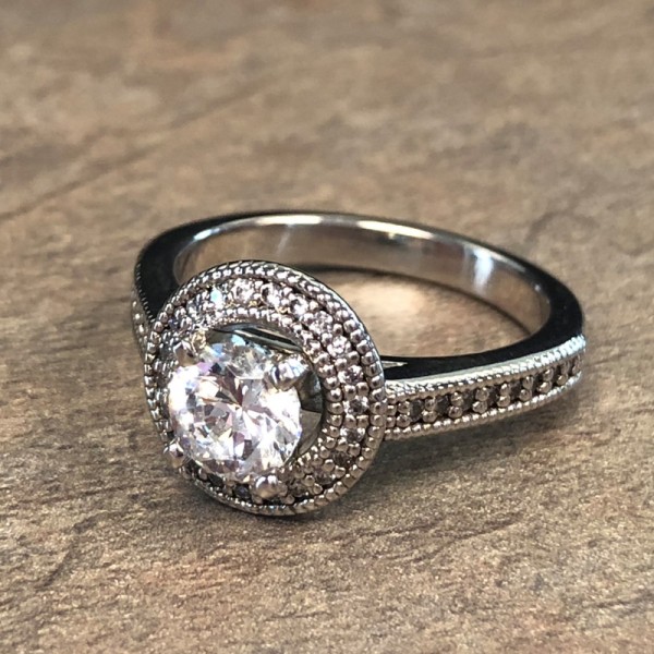 14K White Gold Round Halo Engagement Ring with Milgrain Edges